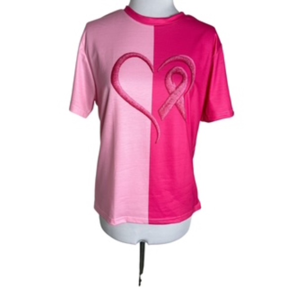 NWOT Cancer Awareness Embroidered Look Pink Crew Neck Tee-Shirt Size L - Picture 1 of 4